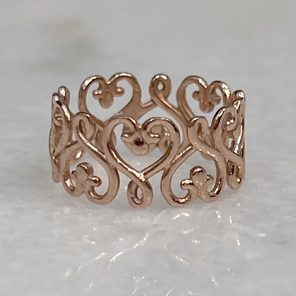 14K RG Sterling Silver Scrolled Heart Filigree Band Ring Sz 8